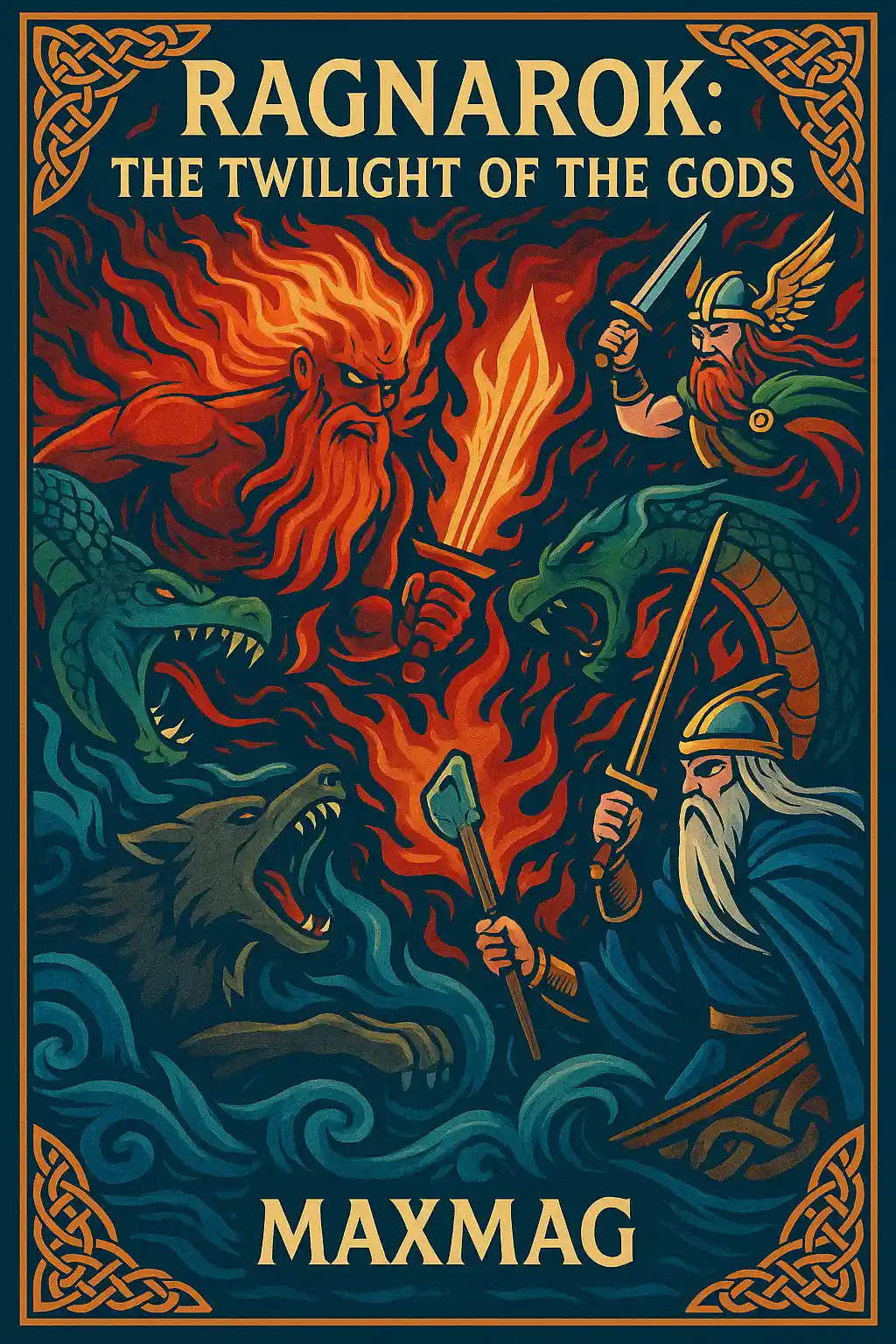 Dramatic infographic titled “Ragnarok: The Twilight of the Gods,” depicting fiery Surtur with a flaming sword, Fenrir, Jormungandr, Odin, and Thor in an apocalyptic Norse battle, with MAXMAG branding at the bottom.