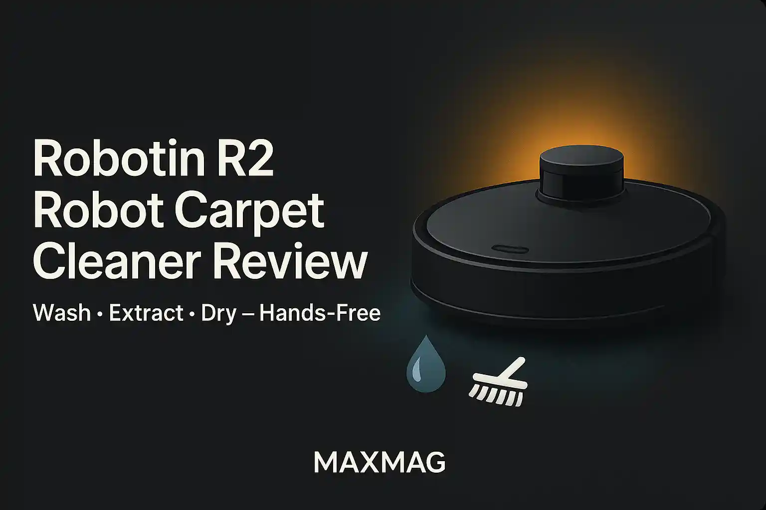 Dark, minimalist MAXMAG thumbnail for the Robotin R2 robot carpet cleaner review—black robot silhouette with warm orange glow, “Wash • Extract • Dry — Hands-Free” headline on charcoal background.