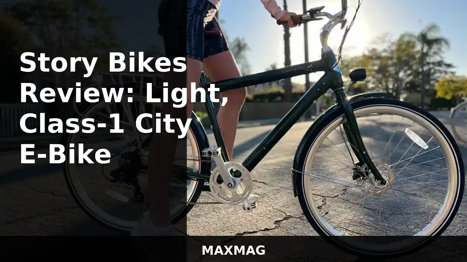 Story Bikes e-bike with dark left title band and stacked headline; clean review thumbnail for a Class-1 city e-bike, MAXMAG