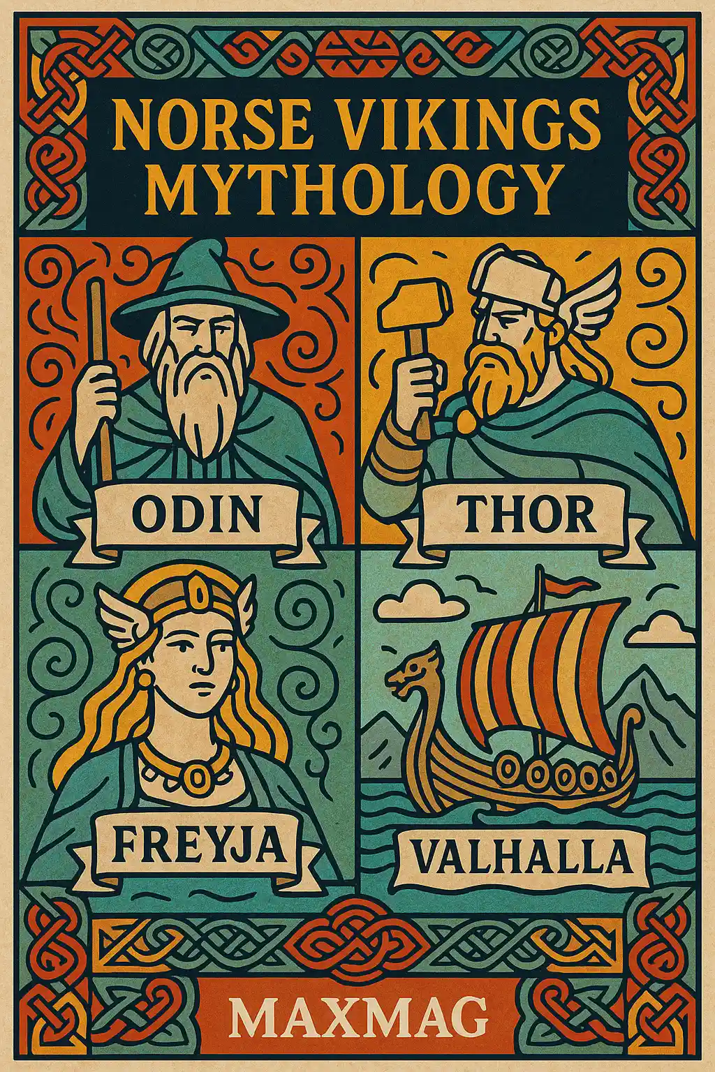 Colorful Norse mythology infographic featuring Odin, Thor, Freyja, and a Viking ship labeled Valhalla, with decorative knot patterns and “MAXMAG” at the bottom center.