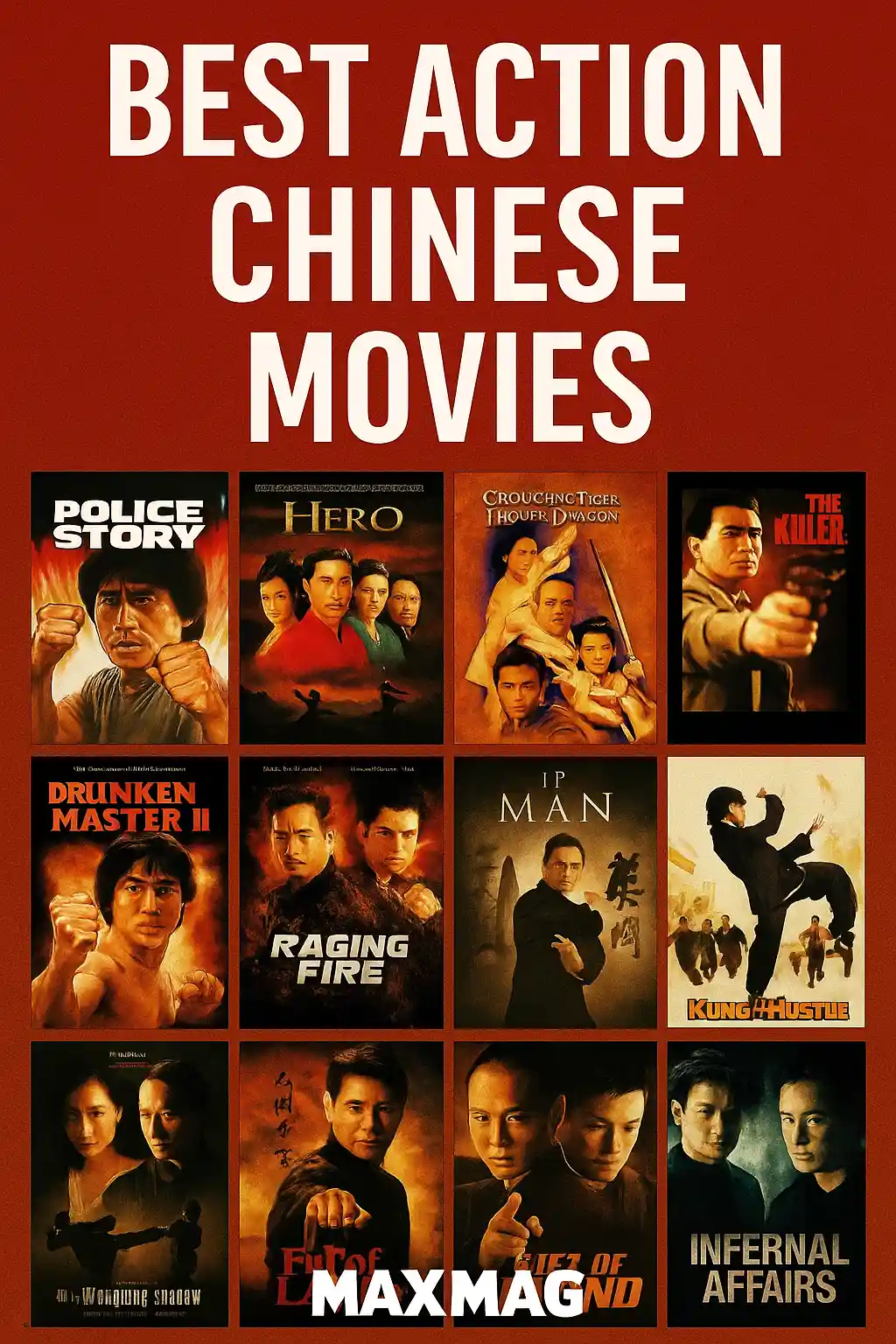 Thumbnail collage for “Best Action Chinese Movies” featuring posters from movies ranked 11 to 1, including Hero, Crouching Tiger Hidden Dragon, IP Man, Kung Fu Hustle, and Infernal Affairs, with Maxmag logo at the bottom center