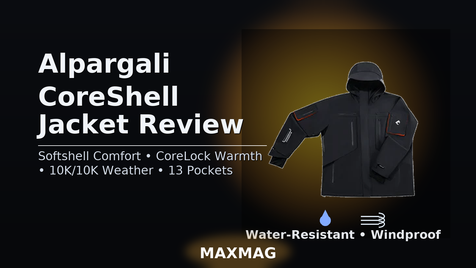 “Alpargali CoreShell Jacket review thumbnail—black CoreShell softshell on a dark gradient with warm backlight, bold title at left, water-resistant and windproof icons centered beneath the jacket, MAXMAG logo at the bottom.”