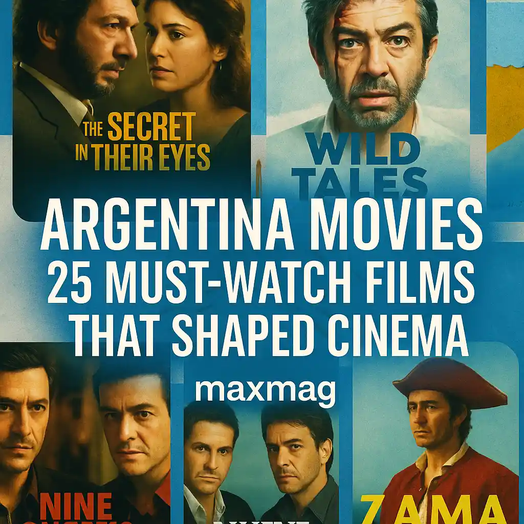 ThumThe Secret in Their Eyes, Wild Tales, Nine Queen, and Zama with a blue Argentine-themed background, bold title text, and Maxmag branding at the bottom center.