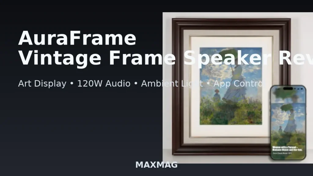 AuraFrame vintage frame speaker with its mobile app beside it on a dark gradient background and warm amber halo; bold review title on the left and MAXMAG logo at the bottom.
