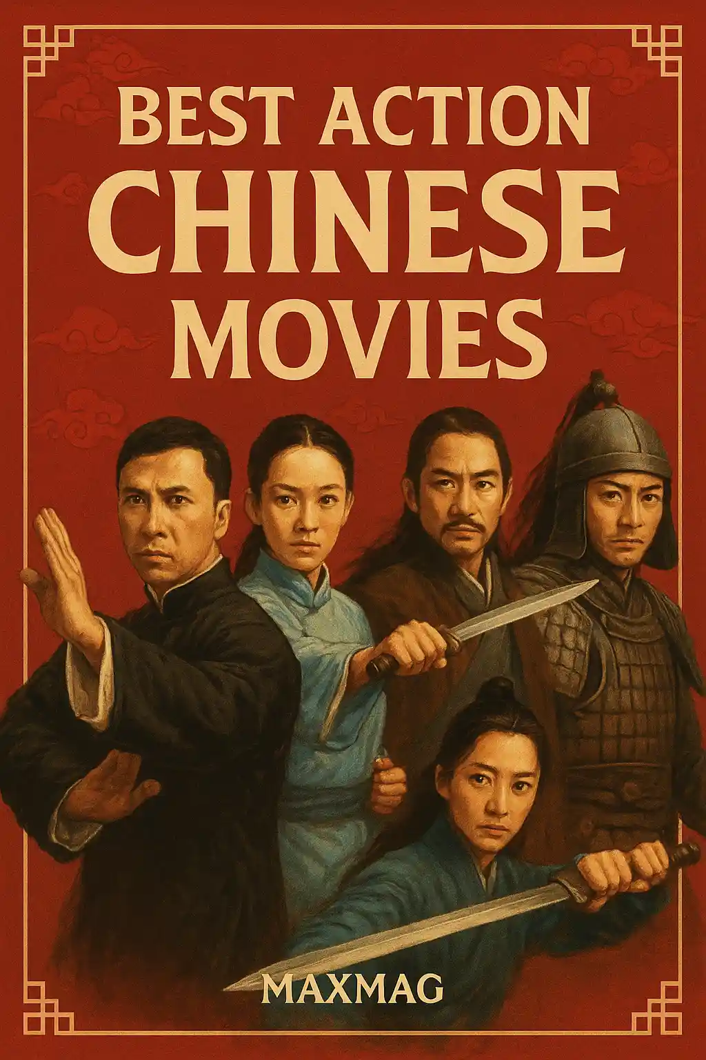 Promotional poster for “Best Action Chinese Movies” featuring Donnie Yen, Zhang Ziyi, Tony Leung, and Jet Li in traditional Chinese martial arts attire, with red background, golden title text, and Maxmag logo at the bottom center.