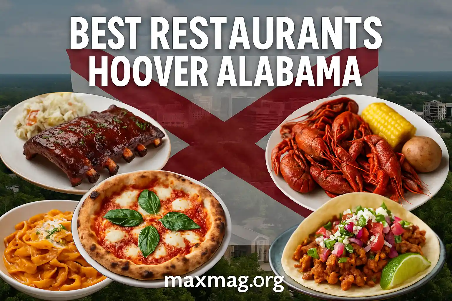 A promotional collage for Best Restaurants Hoover Alabama featuring signature dishes—barbecue ribs, wood-fired pizza, Cajun crawfish boil, pasta, and tacos—set against the Alabama state flag and Hoover cityscape, with the Maxmag logo at the bottom.