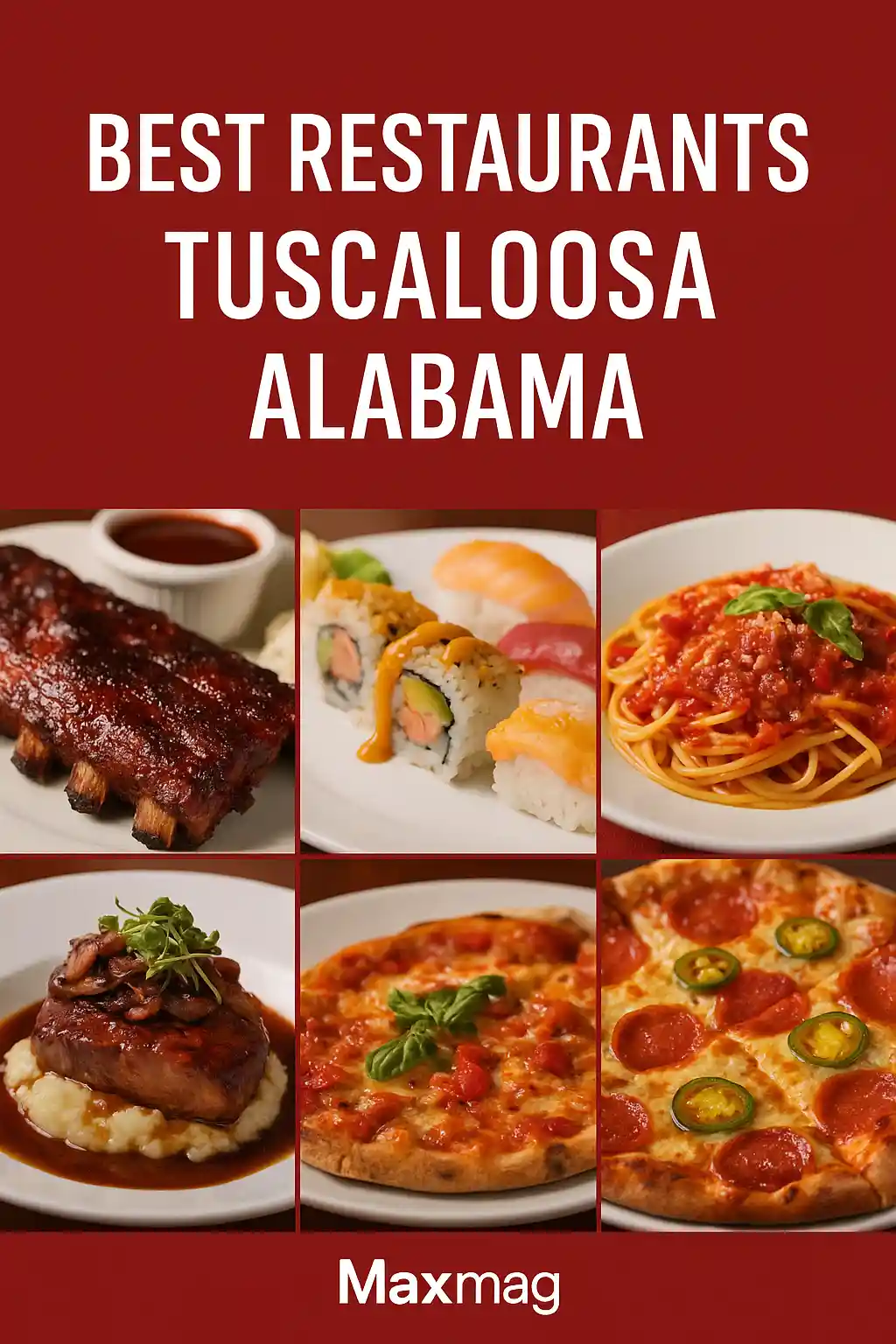 A crimson-themed collage showcasing the best restaurants in Tuscaloosa Alabama, featuring barbecue ribs, sushi, spaghetti, steak, and wood-fired pizza with the Maxmag logo at the bottom.