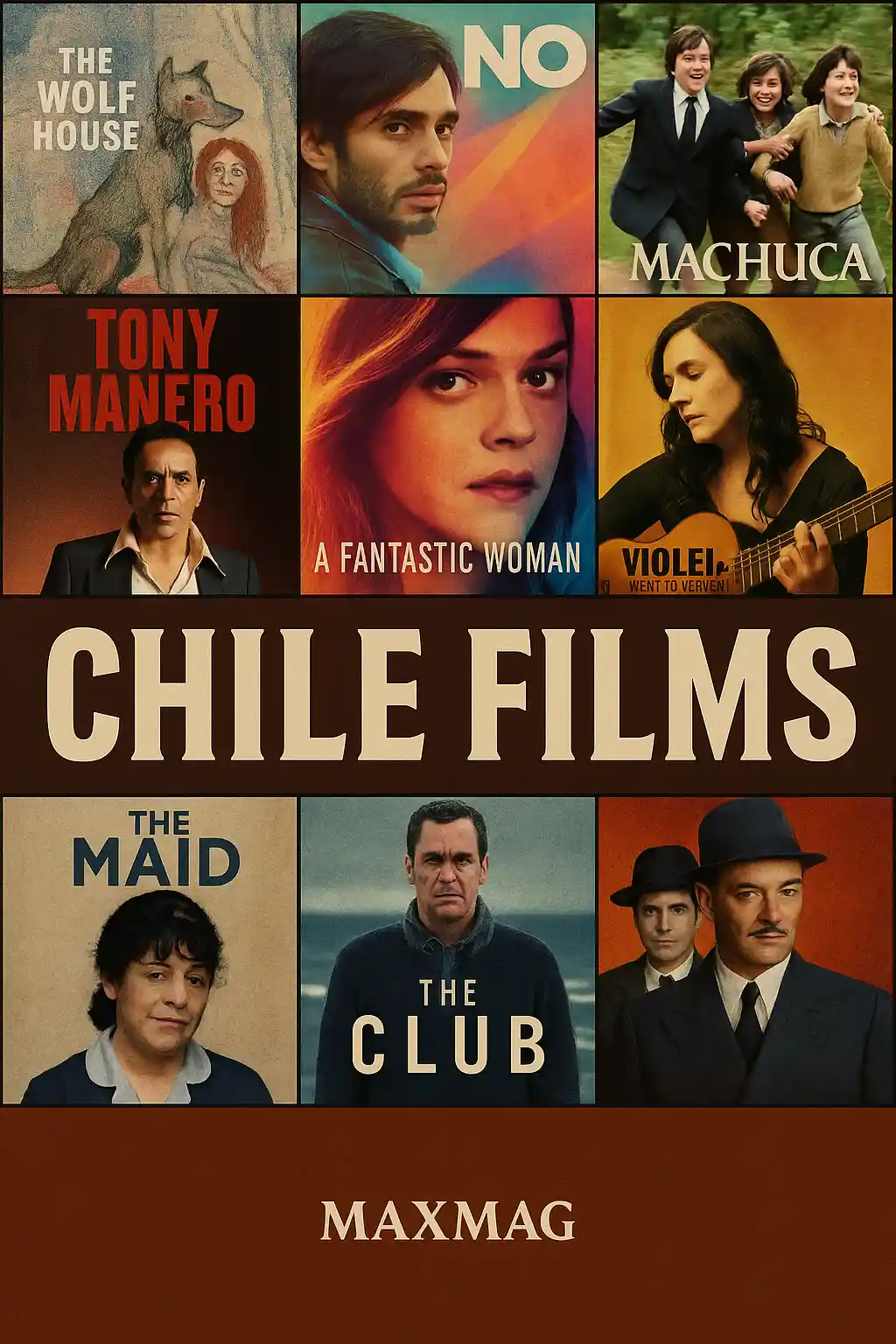 Collage-style thumbnail for Chile Films featuring nine Chilean movie posters, bold cream “CHILE FILMS” text across the center, and “MAXMAG” branding at the bottom on a brown background.