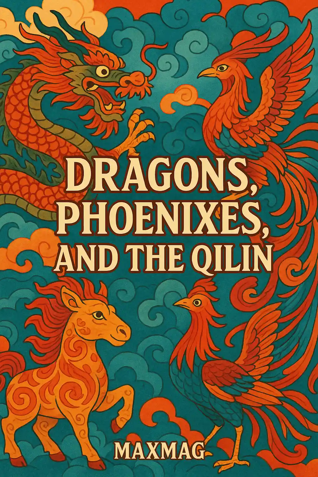 Traditional Chinese-style illustration featuring a dragon, phoenix, and qilin surrounded by swirling clouds, with the title "Dragons, Phoenixes, and the Qilin" and "MAXMAG" at the bottom center.