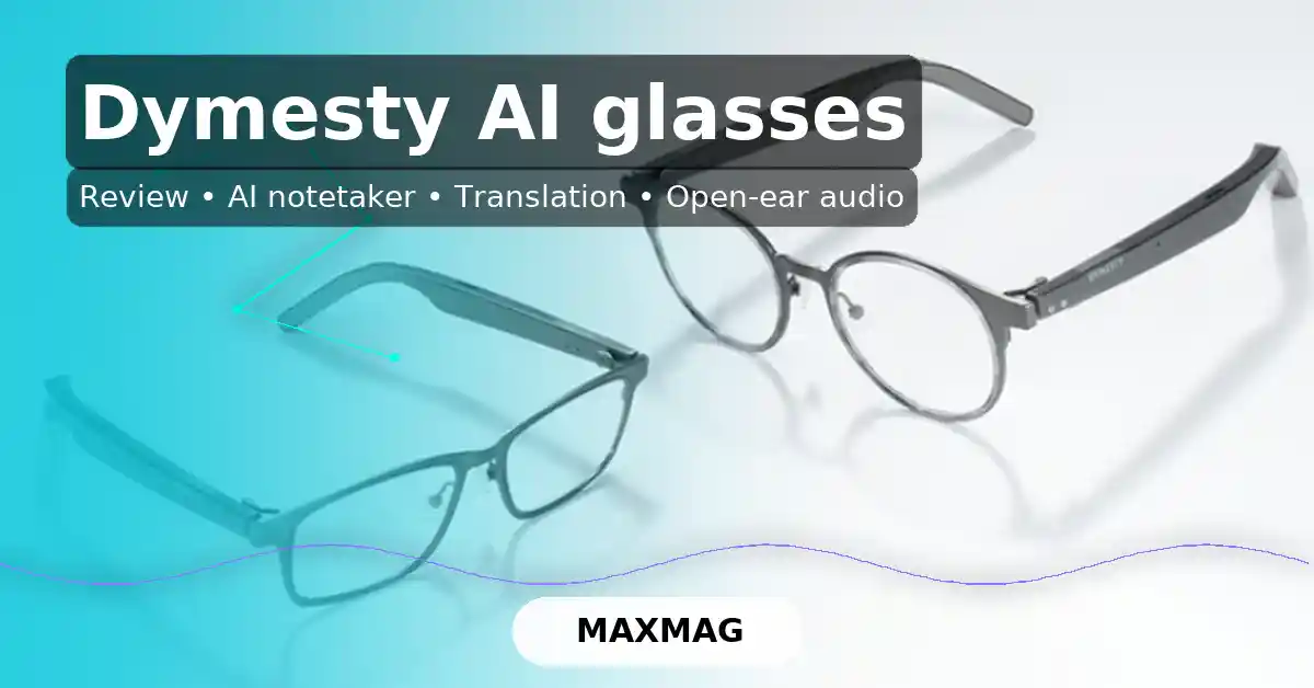 AI-styled review thumbnails featuring Dymesty AI glasses with neon circuit lines and HUD rings, headline text, and MAXMAG branding