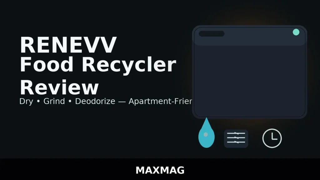 “Minimalist thumbnail design for RENEVV food recycler review, showing a stylized countertop composter with warm glow, feature icons, bold headline, and MAXMAG branding.”