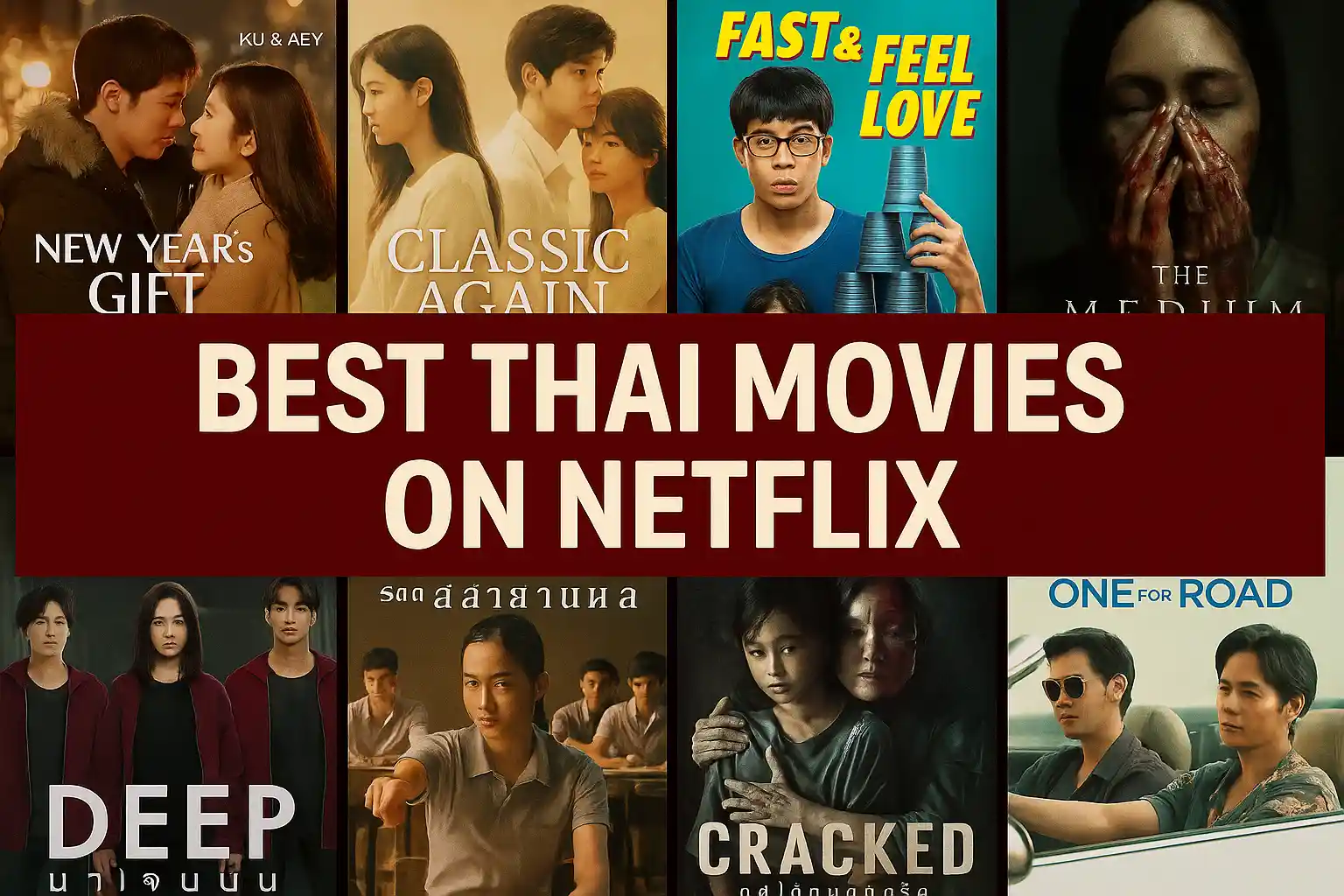 Collage of real Thai movie posters from ranks 17 to 1 on Netflix, with bold central banner reading “Best Thai Movies on Netflix” in white text on red.