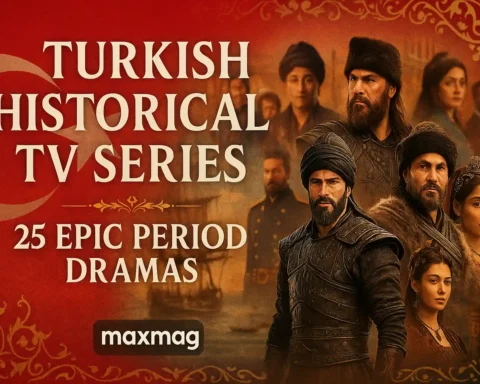 Turkish-style thumbnail collage featuring nine poster-style tiles from period dramas on a deep red background with subtle Ottoman floral motifs; big cream title “Turkish Historical TV Series — 25 Epic Period Dramas” at left; Maxmag badge centered below.