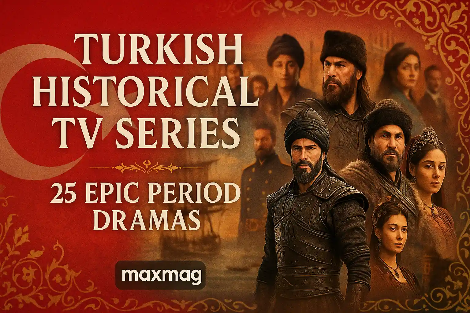Turkish-style thumbnail collage featuring nine poster-style tiles from period dramas on a deep red background with subtle Ottoman floral motifs; big cream title “Turkish Historical TV Series — 25 Epic Period Dramas” at left; Maxmag badge centered below.