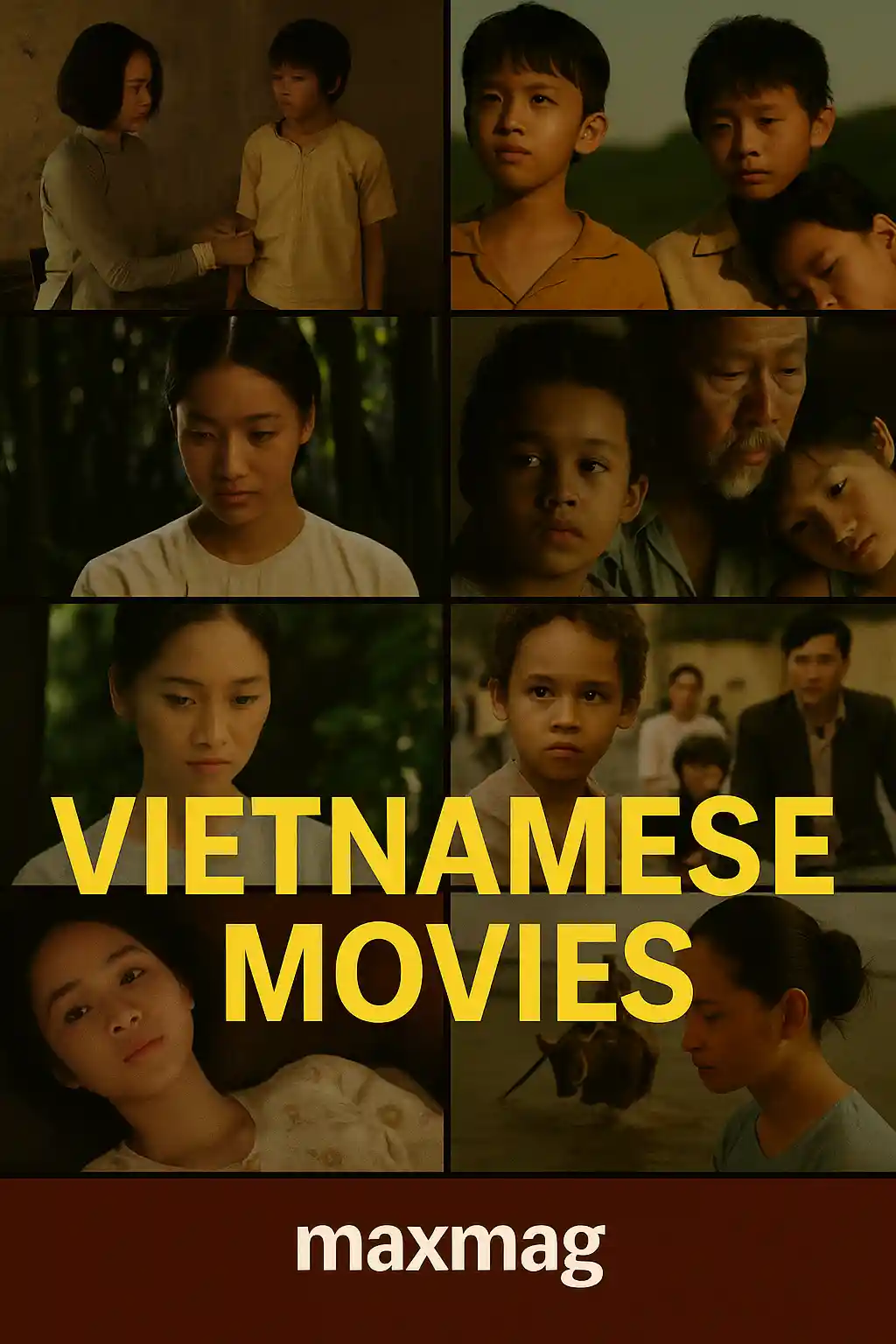 Collage of Vietnamese movie stills arranged in a 2x4 grid with bold yellow “Vietnamese Movies” text in the center and “maxmag” at the bottom.