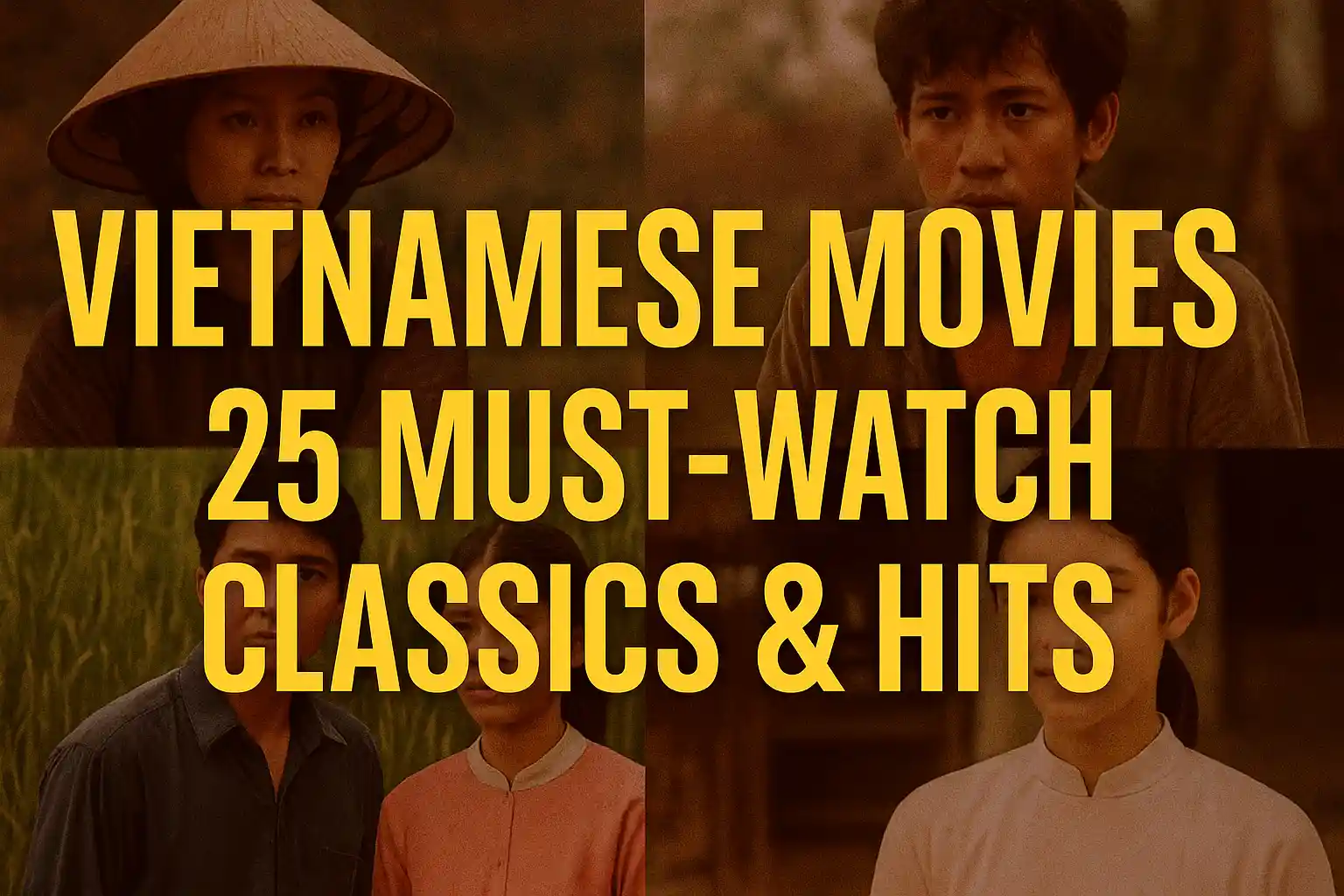 Collage of iconic Vietnamese movie scenes with bold yellow title text “Vietnamese Movies: 25 Must-Watch Classics & Hits” over a warm red-brown background.
