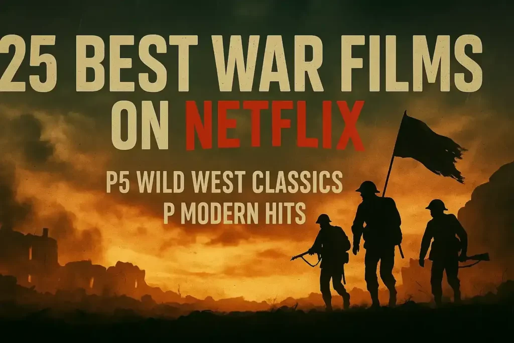 Thumbnail for "25 Best War Films on Netflix," featuring silhouettes of soldiers marching through a fiery battlefield with smoke, ruins, and a soldier carrying a flag, bold text in beige and Netflix red above.
