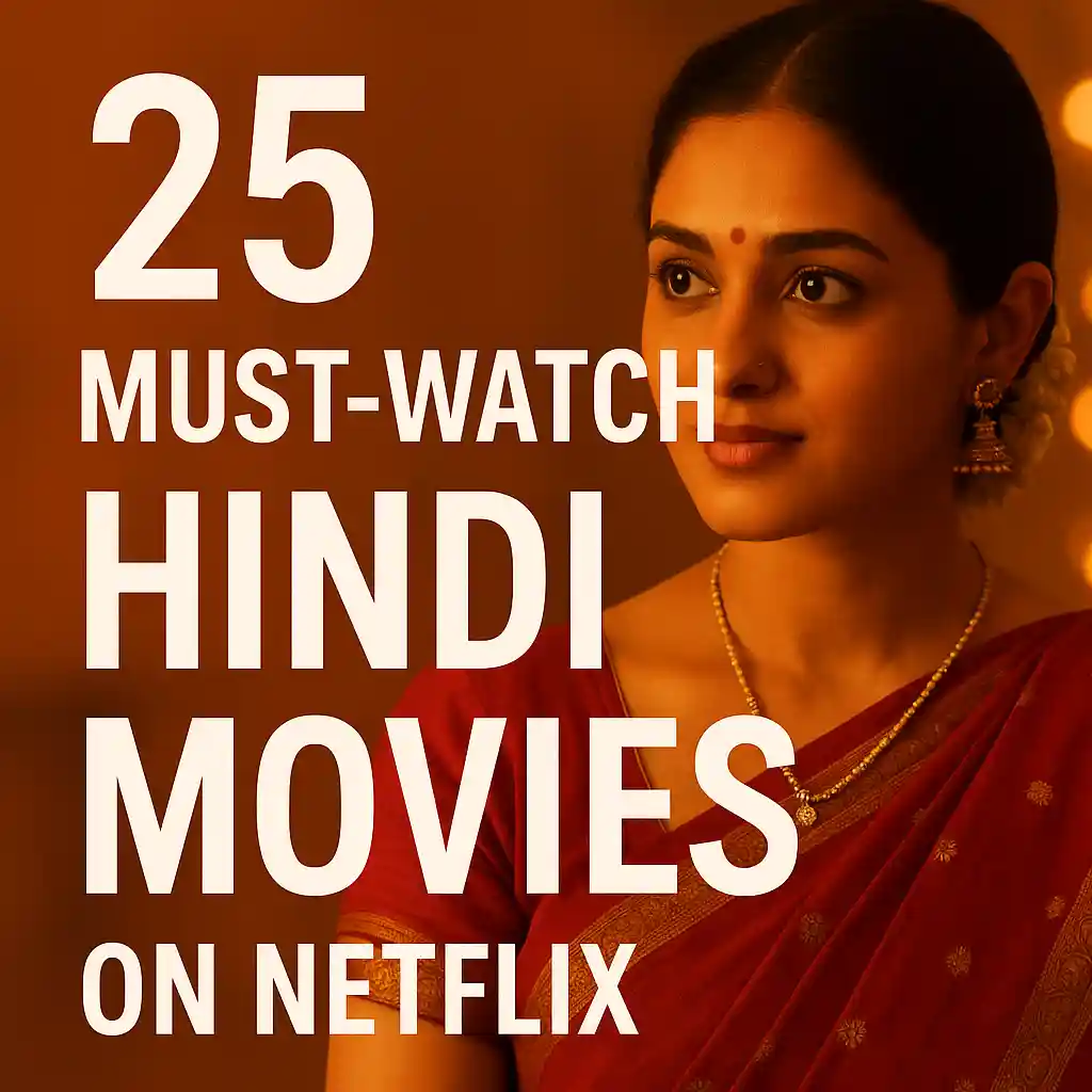 "Thumbnail featuring a woman in a traditional red saree with bold white text reading '25 Must-Watch Hindi Movies on Netflix'."
