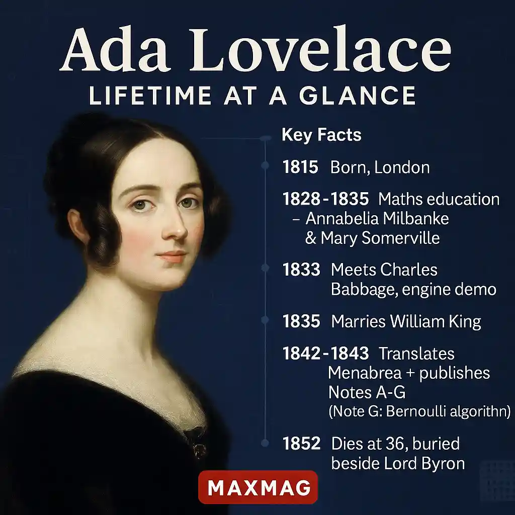 Square infographic ‘Ada Lovelace — Lifetime at a Glance’: left side portrait of Ada; right side vertical timeline with six milestones (1815 birth; 1828–1835 maths education with Annabella Milbanke & Mary Somerville; 1833 meets Babbage; 1835 marries William King; 1842–1843 translates Menabrea and publishes Notes A–G with Note G Bernoulli algorithm; 1852 dies at 36); MAXMAG pill logo bottom center.
