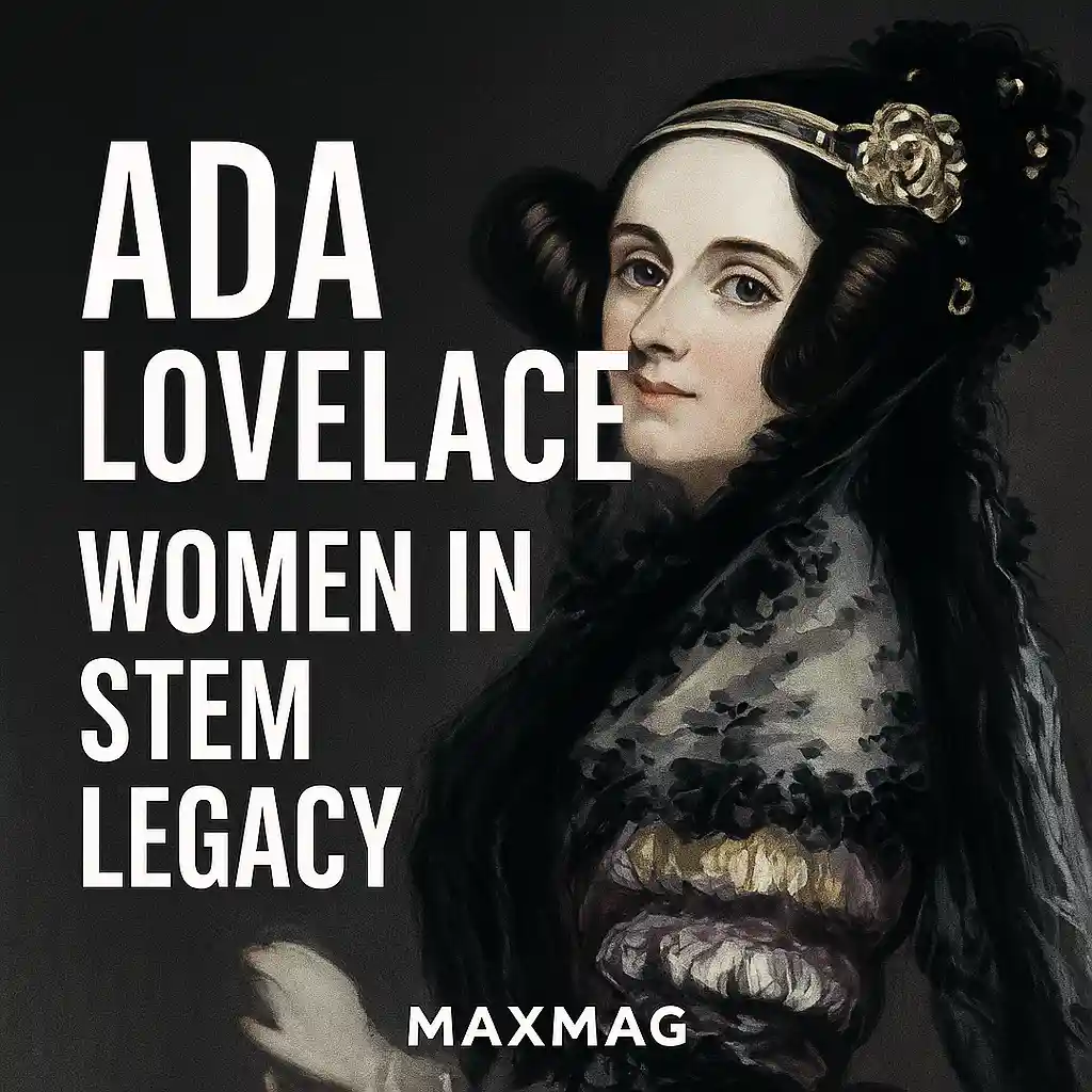 Portrait of Ada Lovelace with elegant attire and headpiece, placed on the right against a dark background. Bold white text on the left reads ‘Ada Lovelace – Women in STEM Legacy,’ with the MAXMAG logo at the bottom center.