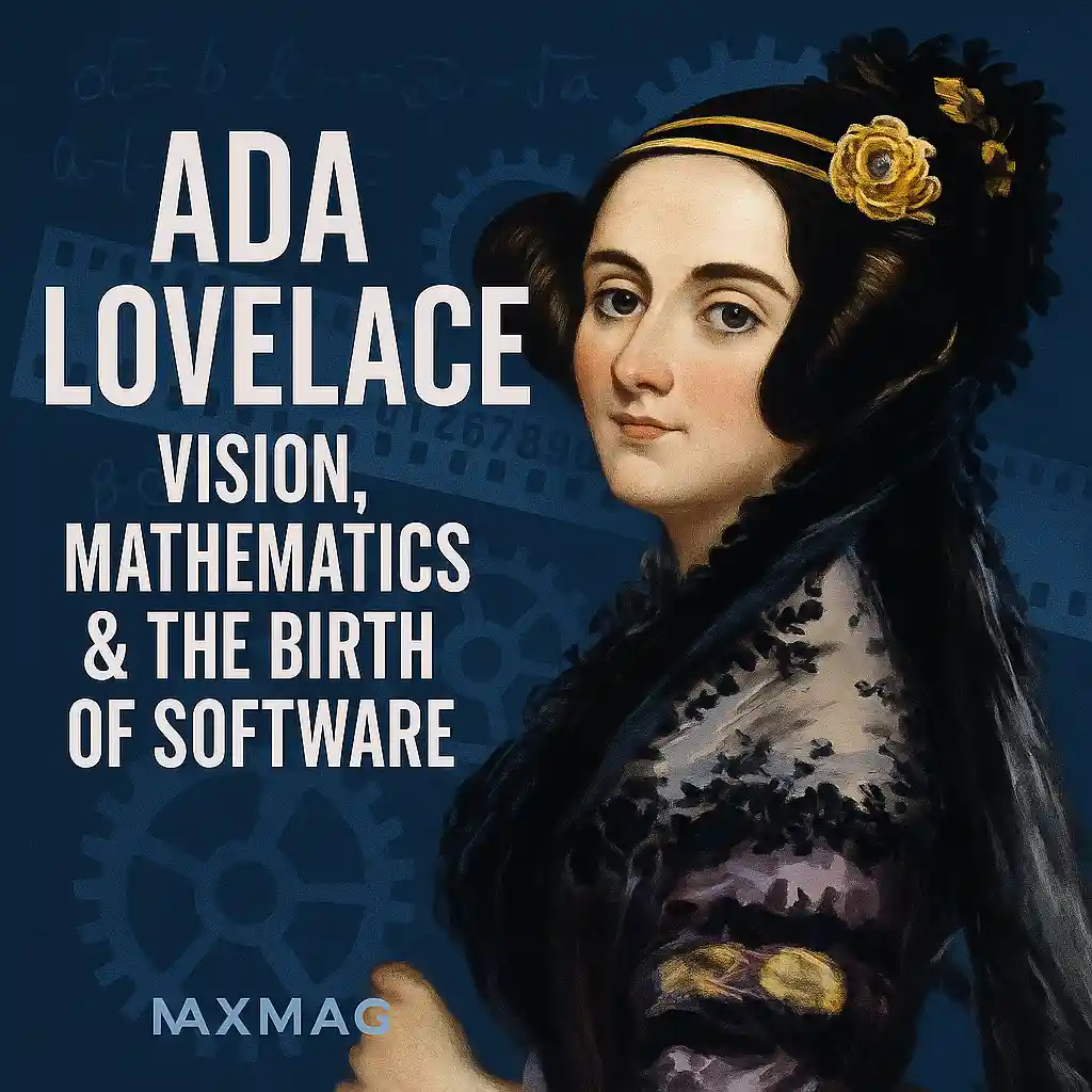 Portrait of Ada Lovelace facing right against a blue blueprint backdrop with gears; bold left-aligned title ‘ADA LOVELACE – Vision, Mathematics & the Birth of Software’; MAXMAG logo at bottom center.
