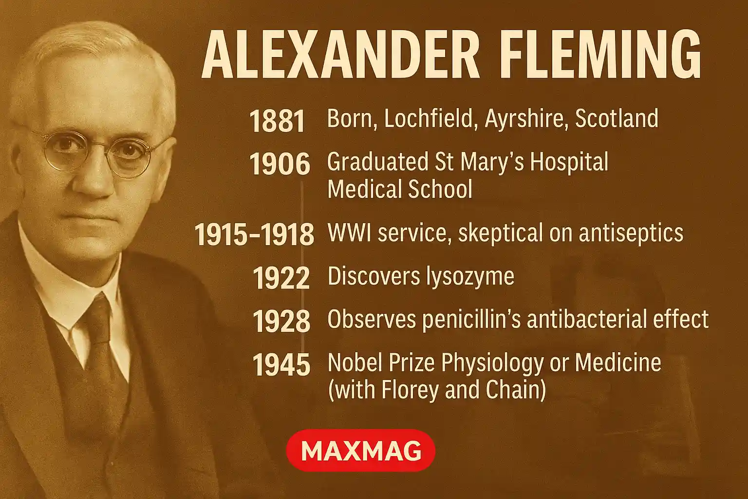 Timeline thumbnail for Alexander Fleming featuring his sepia portrait on the left and six milestones on the right—1881 birth (Lochfield, Scotland), 1906 St Mary’s graduation, 1915–1918 WWI service/antiseptic critique, 1922 lysozyme discovery, 1928 penicillin observation, 1945 Nobel Prize—with MAXMAG logo centered at the bottom.