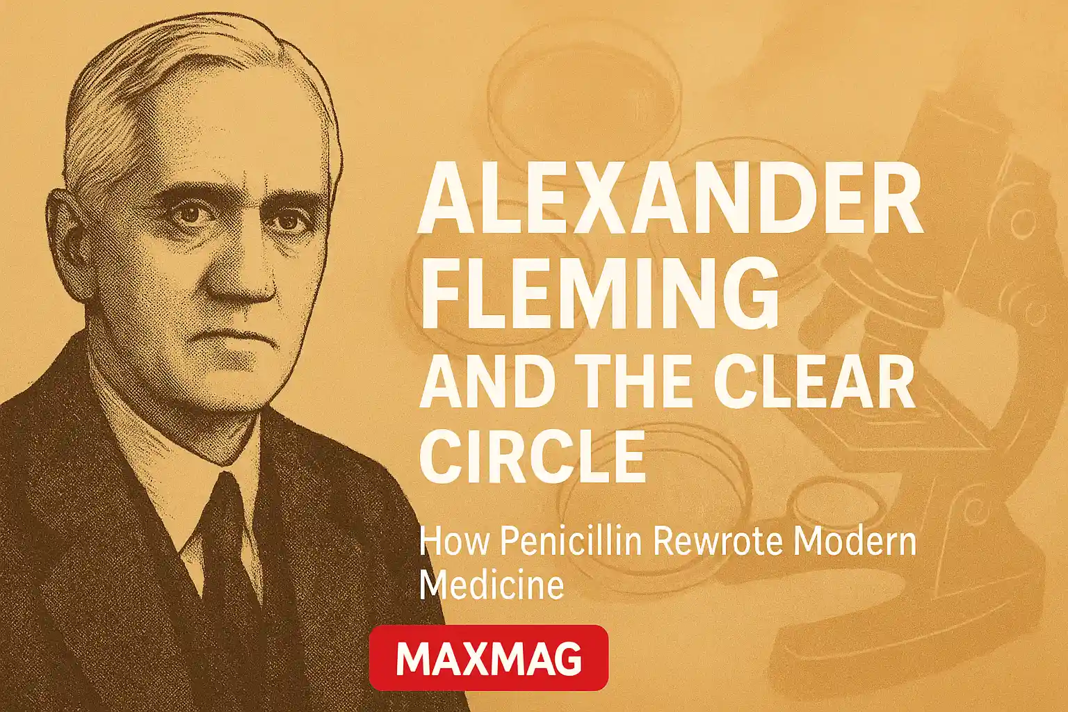Article thumbnail featuring a halftone portrait of Alexander Fleming on a warm sepia lab background with Petri dishes and a microscope; headline reads “Alexander Fleming and the Clear Circle — How Penicillin Rewrote Modern Medicine”; MAXMAG logo at bottom center.