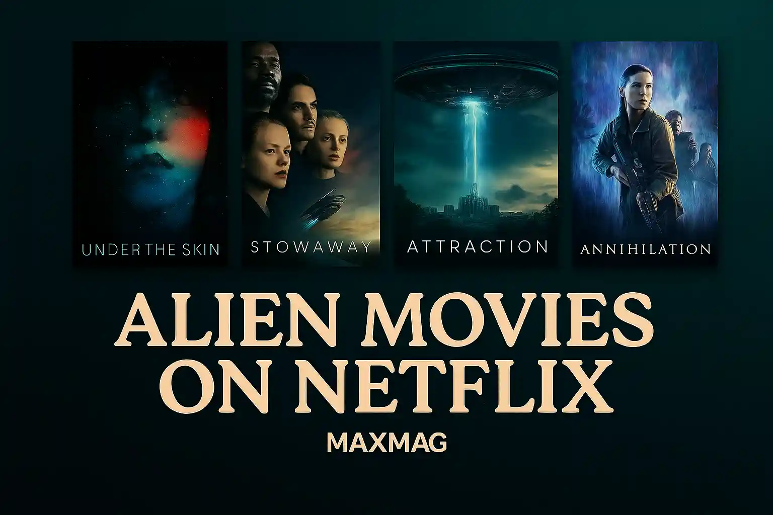 Cinematic thumbnail for "Alien Movies on Netflix," featuring posters for Under the Skin, Stowaway, Attraction, and Annihilation arranged against a teal cosmic background with bold cream title and MAXMAG logo.