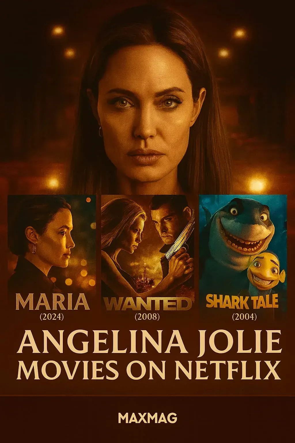 “Angelina Jolie Netflix thumbnail featuring Maria (2024), Wanted (2008), and Shark Tale (2004), highlighting her Oscar-winning career and iconic roles.”