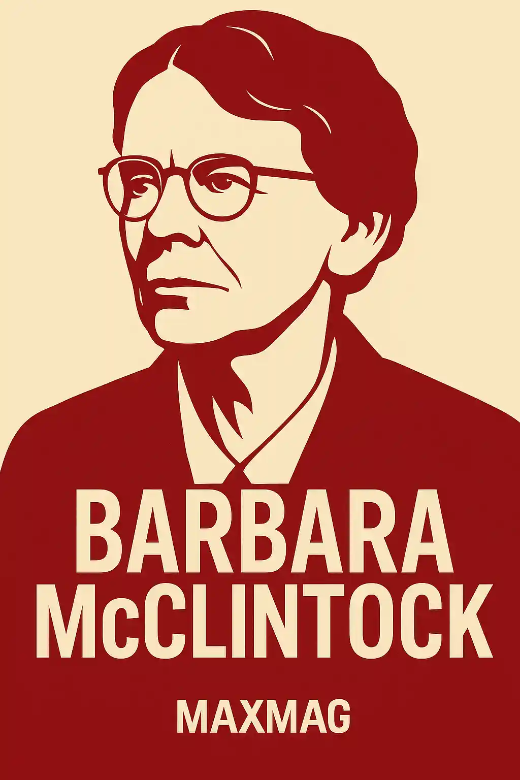 Barbara McClintock stylized portrait in a bold, modern magazine-cover design; cream background, deep red illustration and typography; her name as the title; MAXMAG logo centered at the bottom.