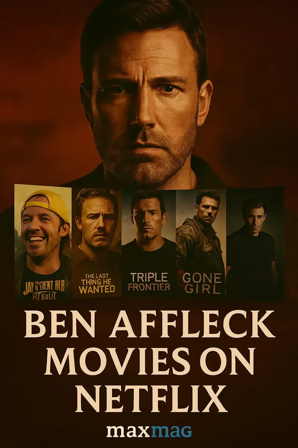 Cinematic Maxmag thumbnail featuring Ben Affleck portrait with posters from Triple Frontier, The Last Thing He Wanted, Jay and Silent Bob Reboot, Gone Girl, and The Accountant, promoting Ben Affleck Movies on Netflix.