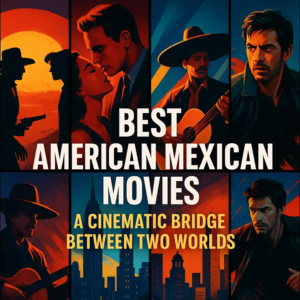 Modern cinematic collage thumbnail for MAXMAG’s “Best American Mexican Movies: A Cinematic Bridge Between Two Worlds,” featuring bold poster-style illustrations of a cowboy duel, romantic couple, mariachi guitarist, cityscape, and action hero.