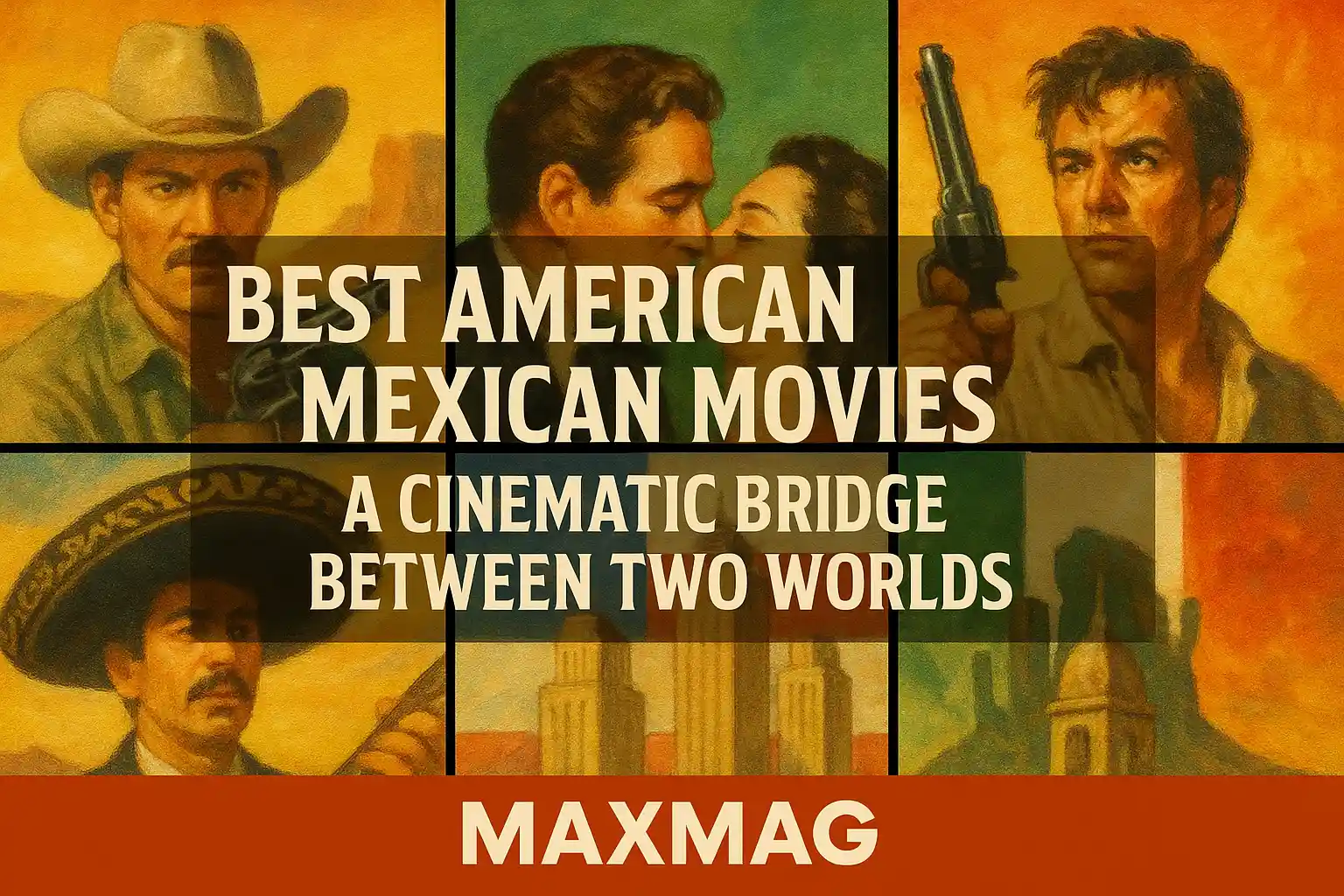 MAXMAG thumbnail for “Best American Mexican Movies: A Cinematic Bridge Between Two Worlds” featuring a vintage-style poster collage with centered title text overlay and MAXMAG logo at the bottom.