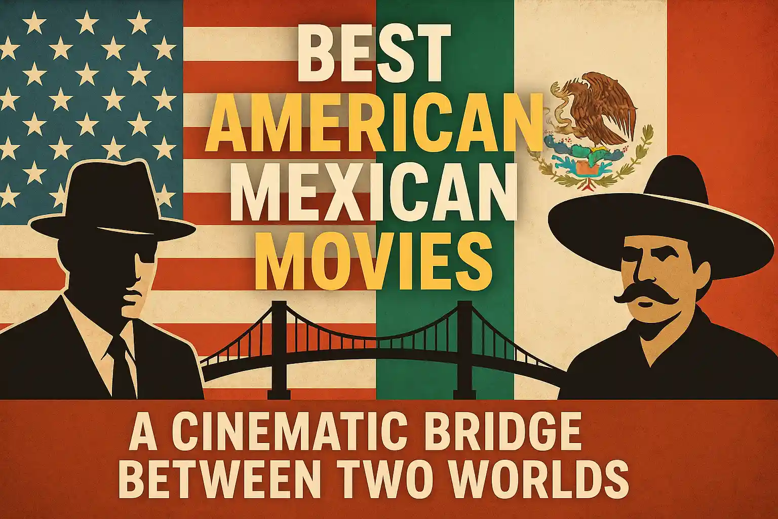 Thumbnail for “Best American Mexican Movies: A Cinematic Bridge Between Two Worlds” featuring split U.S. and Mexican flags, silhouettes of figures in hats, and a bridge symbolizing cultural connection.