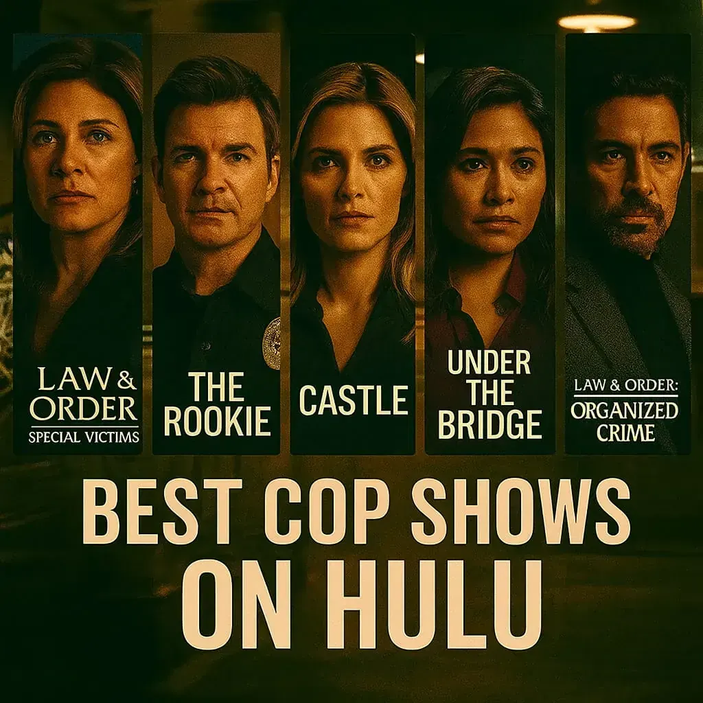 Promotional collage for Best Cop Shows on Hulu featuring five popular series: Law & Order: SVU, The Rookie, Castle, Under the Bridge, and Law & Order: Organized Crime, with a moody police-station backdrop.