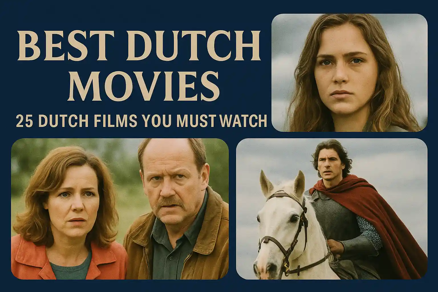 Thumbnail for MaxMag article “Best Dutch Movies: 25 Dutch Films You Must Watch” featuring three stills: a young woman, a concerned couple, and a man on horseback in a red cloak, with bold serif title on navy background.