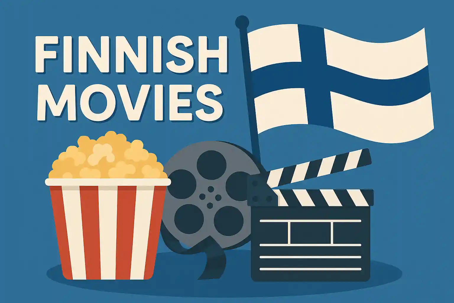 A flat digital illustration with the title "Finnish Movies" in bold white letters, featuring a Finnish flag, popcorn container, film reel, and clapperboard on a blue background.