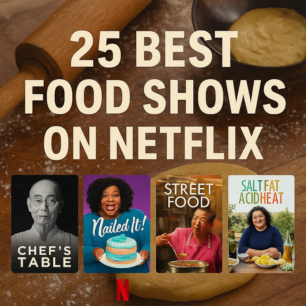 "25 Best Food Shows on Netflix square thumbnail with posters from Chef’s Table, Nailed It!, Street Food, and Salt Fat Acid Heat against a rustic kitchen dough background."