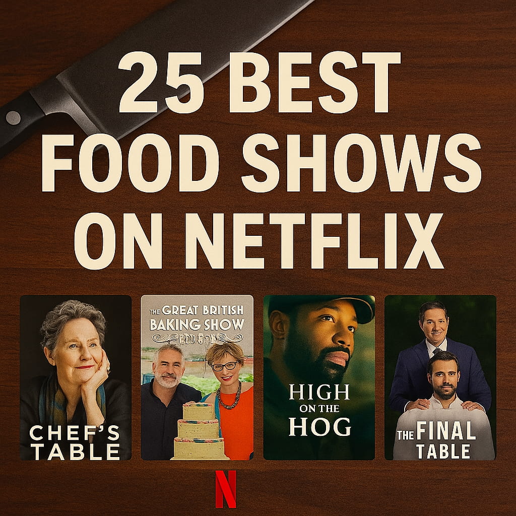"25 Best Food Shows on Netflix square thumbnail featuring posters from Chef’s Table, The Great British Baking Show, High on the Hog, and The Final Table with a wooden kitchen board background."