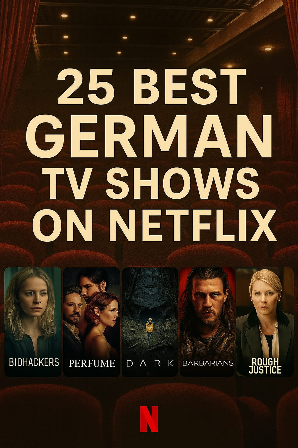 Thumbnail design with German cinema-themed backdrop (velvet curtains, theater seats) featuring posters of The Empress, Barbarians, Dear Child, King of Stonks, and The Billion Dollar Code with Maxmag branding.