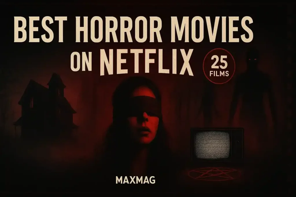 Best Horror Movies on Netflix cover — blindfolded woman, haunted house silhouette, shadowy figure, CRT TV with static, red-black fog, MAXMAG logo, “25 Films” badge.