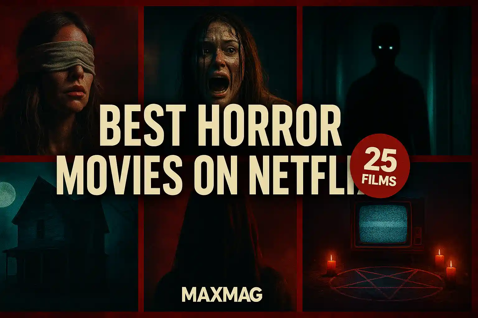 Alternate collage for Best Horror Movies on Netflix — teal/blue accents, five eerie panels around bold cream title, circular “25 Films” badge, MAXMAG at bottom.