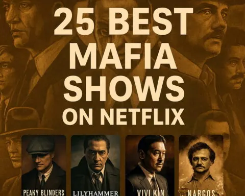“14 Best Mafia Series on Netflix — gritty mafia backdrop with posters of Peaky Blinders, Suburra: Blood on Rome, The Gentlemen, Narcos, and Ozark — Maxmag branding.”