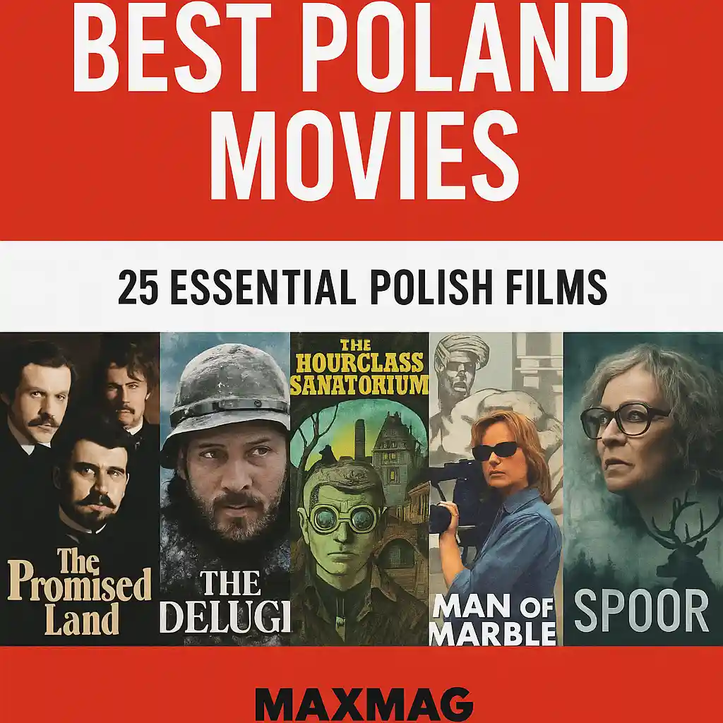 Maxmag thumbnail for “Best Poland Movies” featuring posters of The Promised Land, The Deluge, The Hourglass Sanatorium, Man of Marble, and Spoor, with bold red-and-white background and Maxmag logo at bottom.