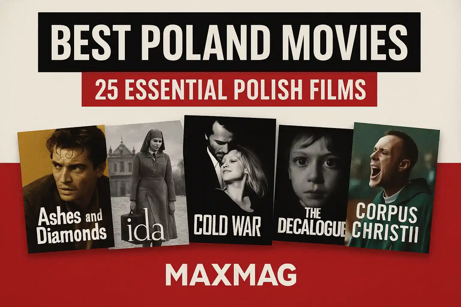 “Best Poland Movies” Maxmag thumbnail in red-and-white (Polish flag style) with bold title, subtitle “25 Essential Polish Films,” a 5-poster collage (Ashes and Diamonds, Ida, Cold War, The Decalogue, Corpus Christi), and MAXMAG logo bottom-center.