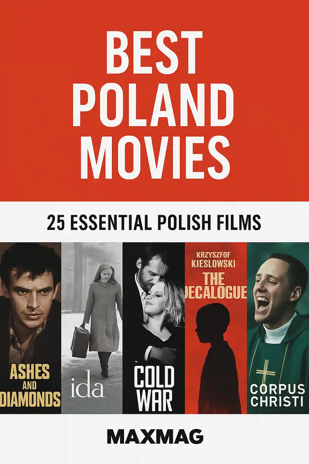 Maxmag thumbnail for “Best Poland Movies” featuring posters of Ashes and Diamonds, Ida, Cold War, The Decalogue, and Corpus Christi, with bold red-and-white design and Maxmag logo bottom-center.