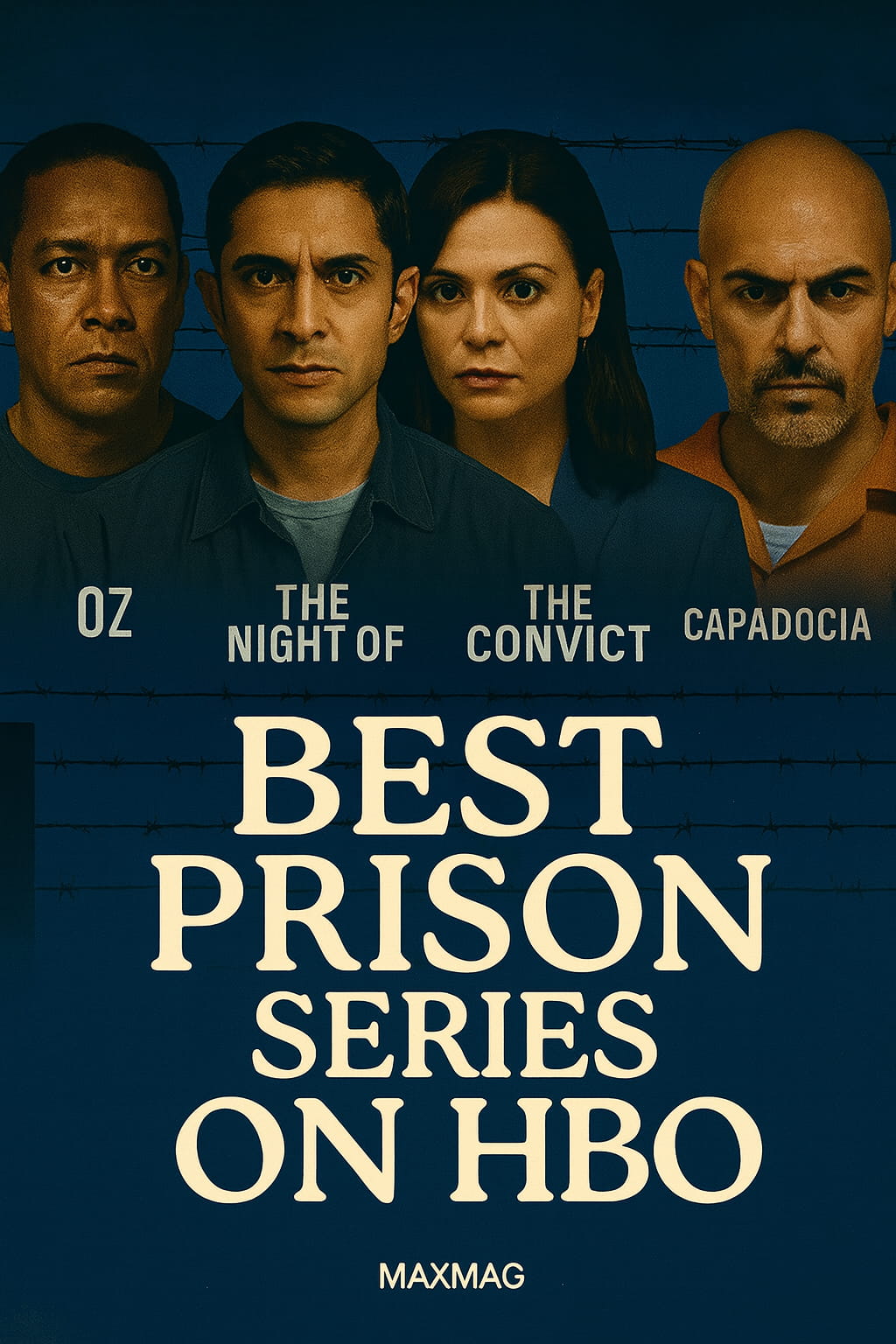 Thumbnail collage featuring Oz, The Night Of, The Convict, and Capadocia against a prison-themed background with barbed wire, labeled “Best Prison Series on HBO” by Maxmag.