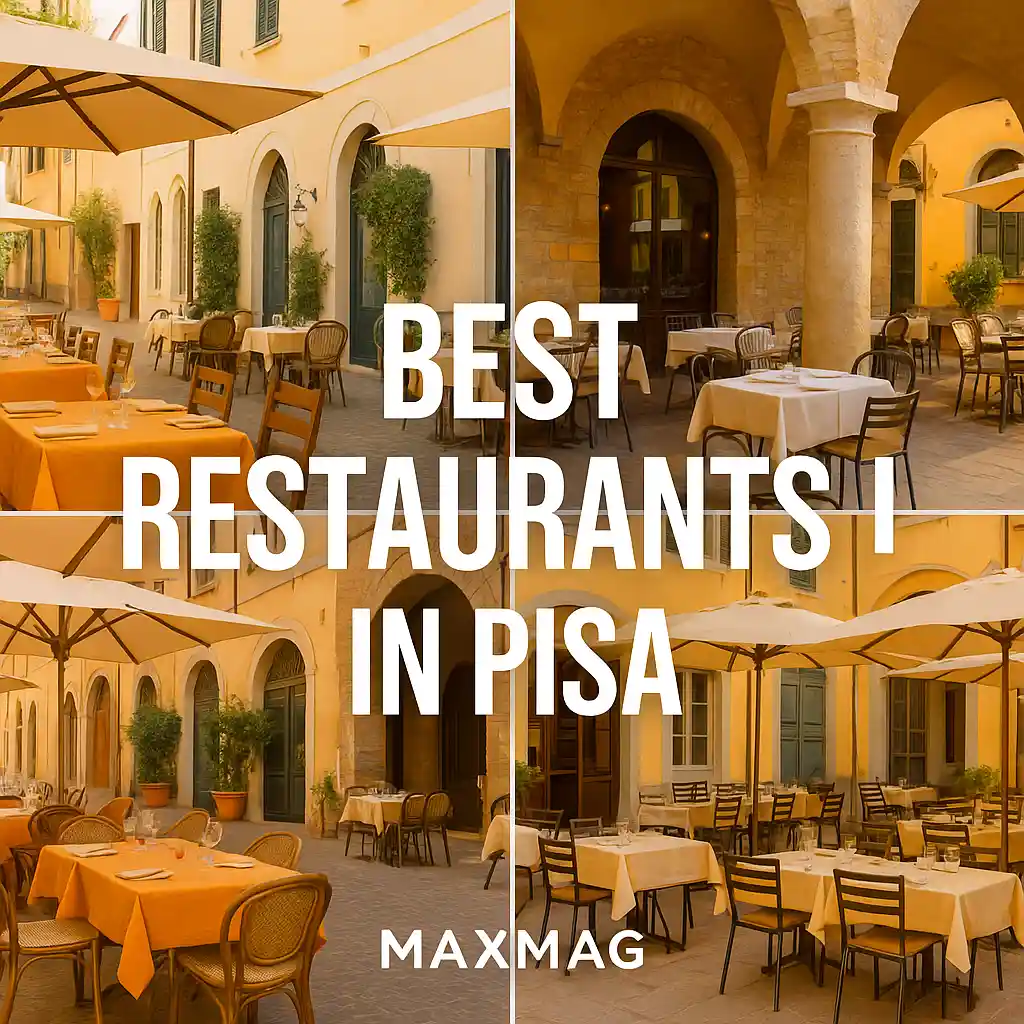 Outdoor restaurant terraces in Pisa under warm morning sunlight, with tables and umbrellas set on cobblestone streets, overlaid with the title “Best Restaurants in Pisa” and Maxmag branding.