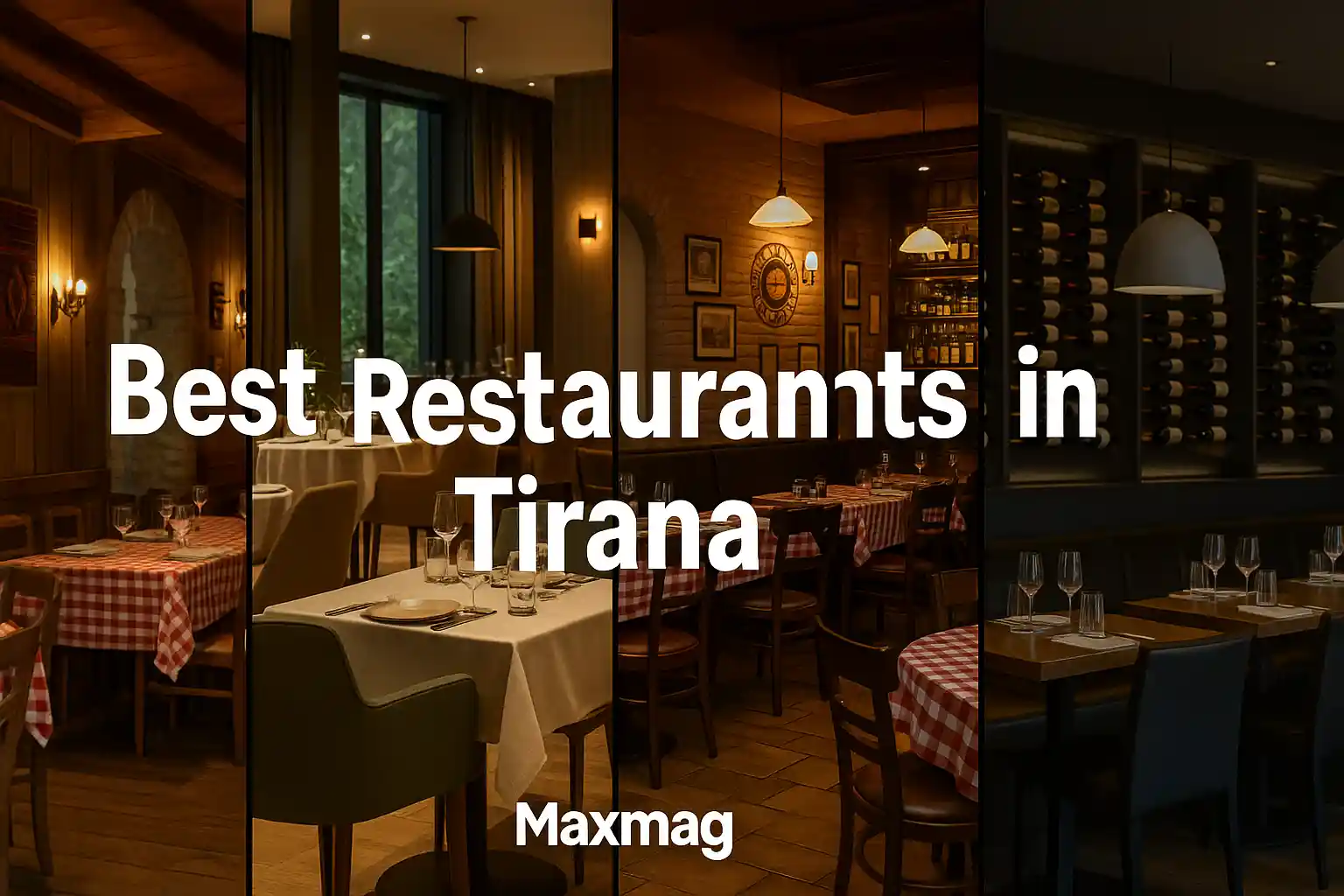 Thumbnail collage of four Tirana restaurant interiors—traditional mehana, fine-dining room, seafood venue, and modern café—with the title “Best Restaurants in Tirana” centered and the Maxmag logo at the bottom.