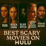 Dark cinematic thumbnail featuring Run, Black Swan, Blair Witch, Stephen King’s A Good Marriage, and Train to Busan with Best Scary Movies on Hulu title.